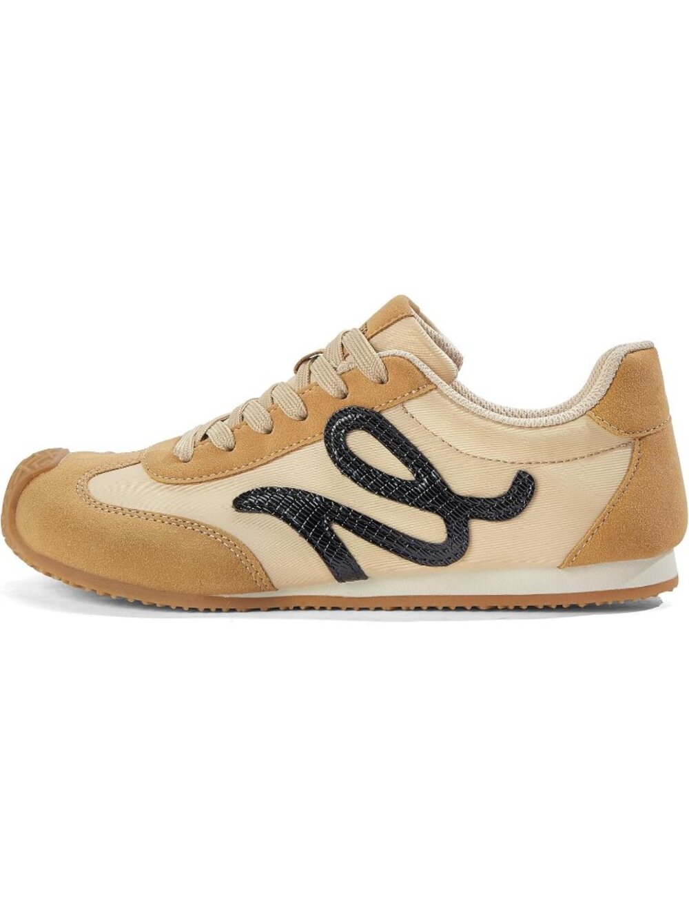 Women's Tan/Black Leather Comfortable Classic Casual Thin Sole Walking Sneakers